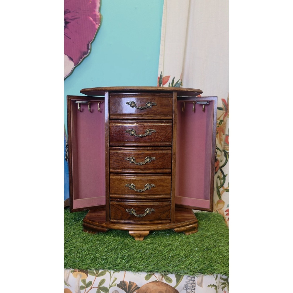Vintage Mele Oak Wood Jewelry Box Drawers, Doors, And Lift Top 13.75" Tall